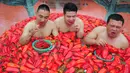 Para peserta memakan cabai sambil berendam dalam gentong berisi air dan ratusan cabai di Ningxiang, Provinsi Hunan, Tiongkok, 12 Agustus 2017. Kompetisi makan cabai ini digelar untuk mendongkrak popularitas pariwisata di Provinsi Hunan. (STR / AFP)
