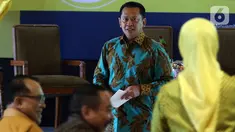 Ketua MPR Bambang Soesatyo (Bamsoet) menjadi pembicara kunci dalam acara diskusi publik yang diselenggarakan Posbakum Golkar di Jakarta, Selasa (12/11/2019). Diskusi tersebut membahas mengangkat tema 'Golkar Mencari Nakhoda Baru'. (Liputan6.co/Johan Tallo)