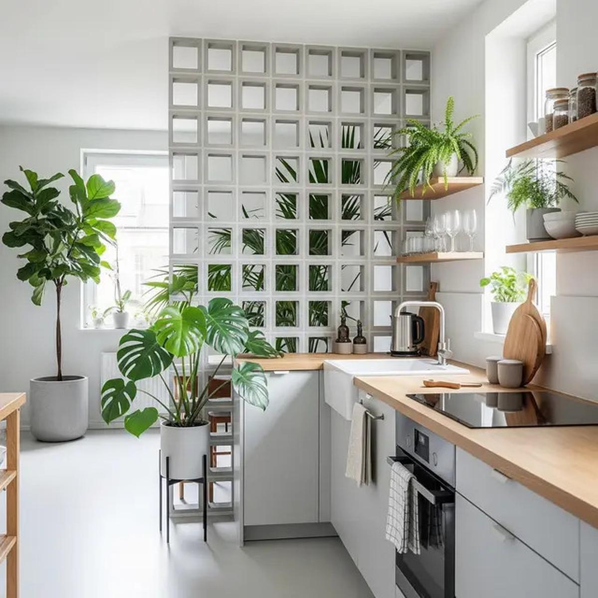 7 Model Dapur Kecil dengan Tanaman Hijau di Belakang dan Sekat Minimalis