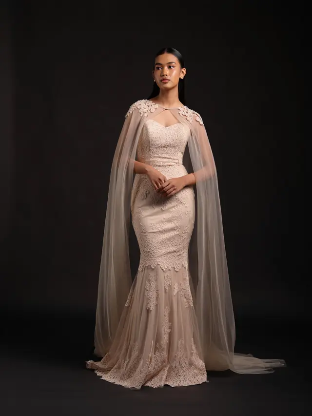 Long Dress Brokat Layer Cape Modern Formal