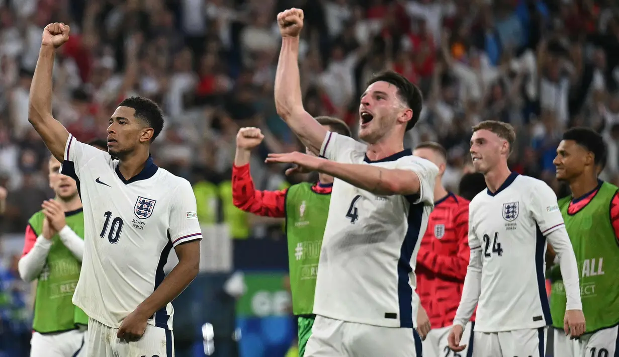 Kemenangan atas Slovakia mengantar Inggris melaju ke delapan besar Euro 2024. Di perempat final Euro 2024, Inggris akan berhadapan dengan Swiss. (OZAN KOSE/AFP)