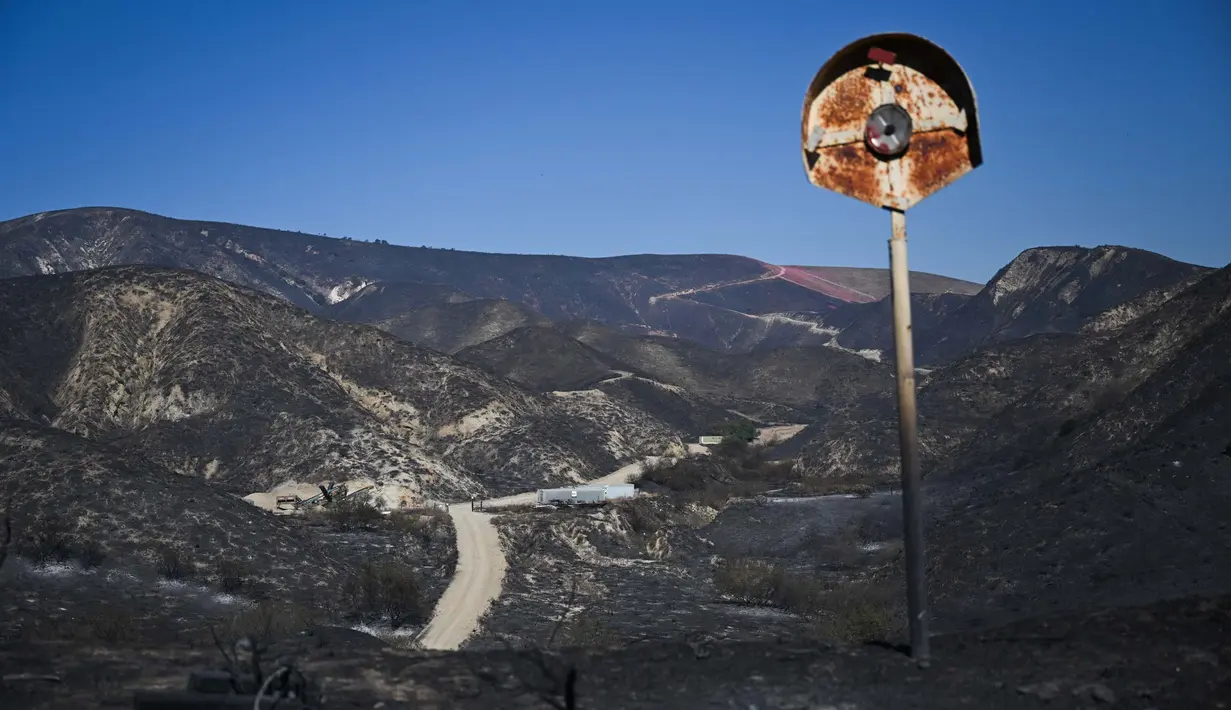 Kencangnya hembusan angin mendorong api dengan cepat menyebar hingga sulit untuk dipadamkan. (Patrick T. Fallon/AFP)