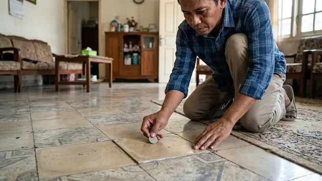 Trik Mengetuk Lantai dengan Koin untuk Menemukan Keramik yang Mulai Kopong (AI Generated)
