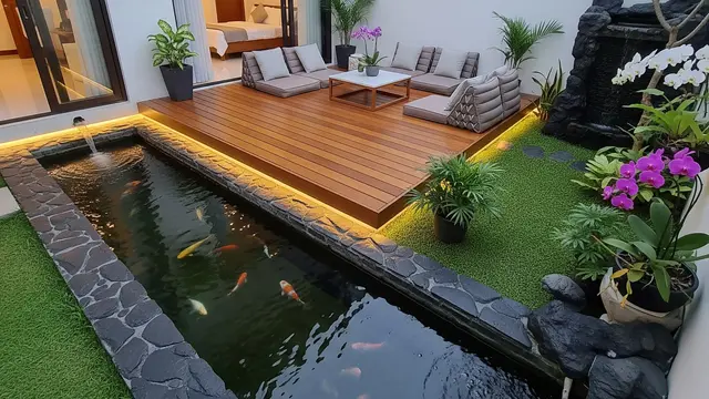 Desain Belakang Rumah Minimalis yang Cocok untuk Kolam Ikan Kecil dan Sudut Santai Keluarga