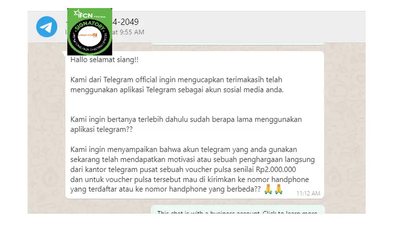 Cek Fakta Liputan6.com menelusuri informasi Telegram membagikan voucher pulsa sebesar Rp 2 juta