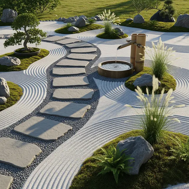 Desain Halaman Belakang Rumah dengan Jalur Batu dan Air Mancur