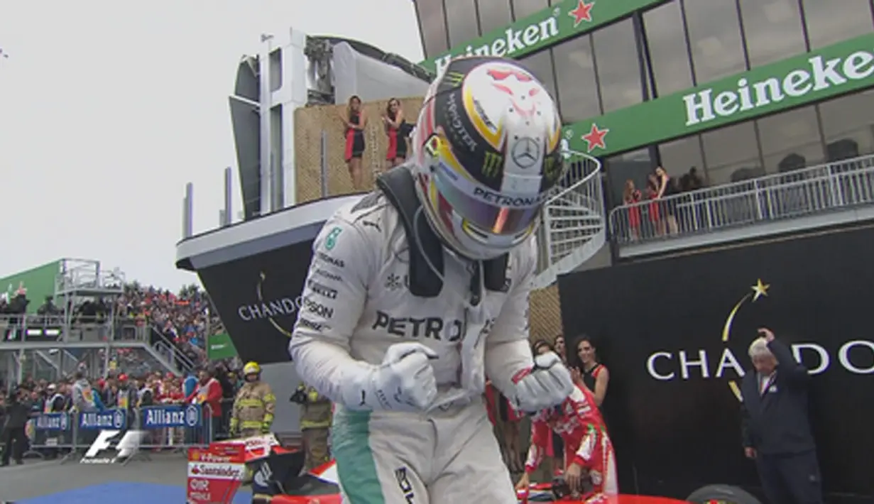 Ini adalah kemenangan kelima Lewis Hamilton dalam balapan F1 GP Kanada di Sirkuit Gilles Villeneuve, Kanada, Senin (13/6/2016) dini hari WIB. (Bola.com/Twitter/F1)