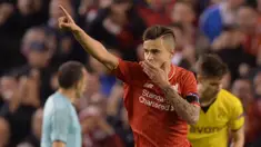 Philippe Coutinho menjadi salah satu pencetak gol kemenangan Liverpool saat melawan Borussia Dortmund pada perempat final Liga Europa di Stadion Anfield, Liverpool, (14/4/2016). (AFP/Oli Scarff)