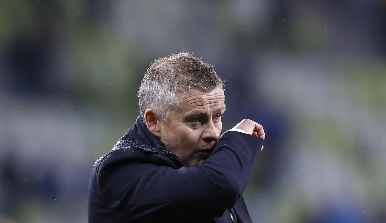 Ekspresi Pelatih Manchester United Ole Gunnar Solskjaer usai pertandingan melawan Villarreal pada final Liga Europa di Gdansk, Polandia, Kamis (27/5/2021). (Adam Warzawa, Pool via AP)