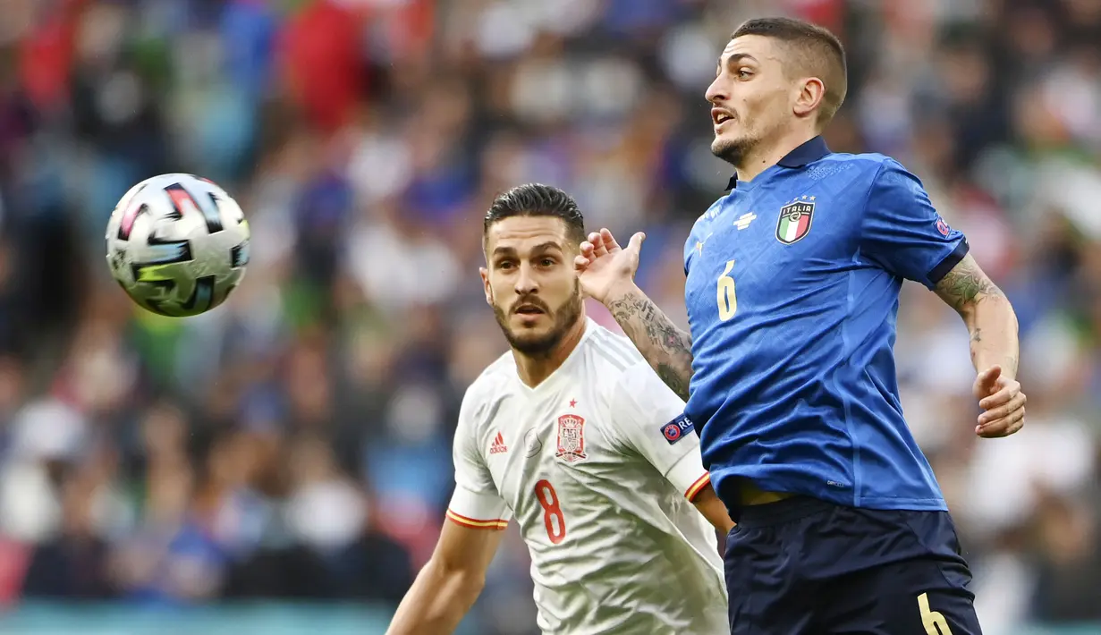 Peran Verratti yang sangat vital di lini tengah membuatnya menjadi salah satu pemain kunci dalam keberhasilan Italia menyabet titel juara Piala Eropa. (Foto:AP/Andy Rain)