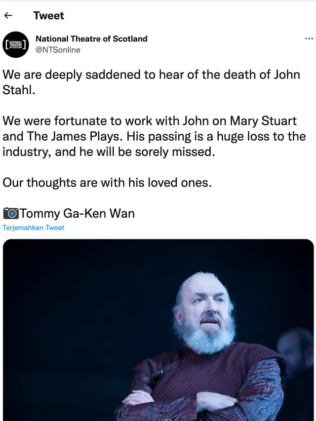 John Stahl meninggal dunia dikabarkan National Theatre of Scotland via Twitter. (Foto: Dok. Twitter @NTSonline)