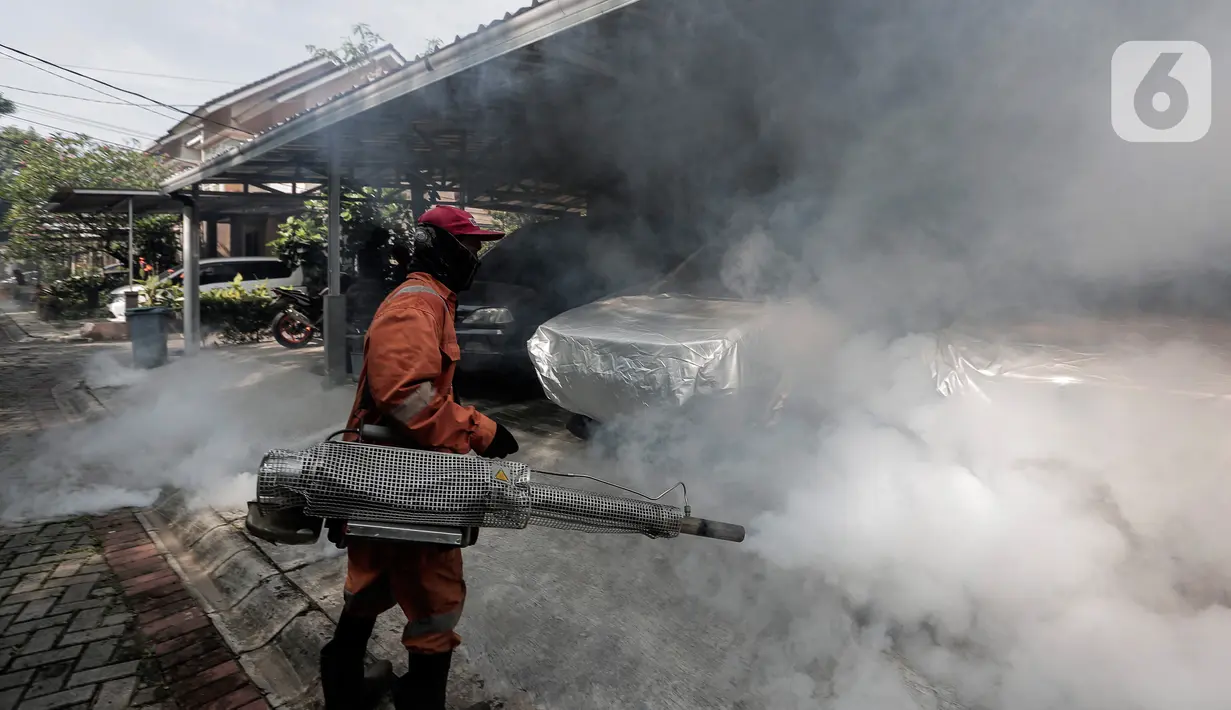 Petugas melakukan pengasapan (fogging) di halaman rumah warga, Pesanggrahan, Jakarta, Kamis (6/10/2022). Fogging dilakukan untuk untuk memberantas perkembangbiakkan nyamuk Demam Berdarah Dengue (DBD). (Liputan6.com/Johan Tallo)