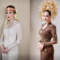 Menikah awal tahun lalu, Kiky Saputri mengenakan kebaya boat neck full payet dengan kain songket merah keemasan. [@windrafotografi]