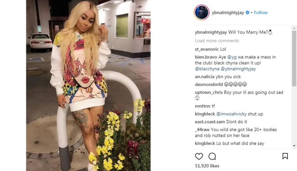"Will you marry me?" tulis YBN dalam keterangan foto Blac Chyna yang ia unggah di Instagram. (instagram/ybnalmightyjay)