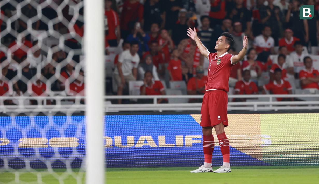 <p>Selebrasi pemain Timnas Indonesia, Rizky Ridho setelah mencetak gol kedua ke gawang Brunei Darussalam pada laga putaran pertama Kualifikasi Piala Dunia 2026 Zona Asia di Stadion Utama Gelora Bung Karno (SUGBK), Kamis (12/10/2023) malam WIB. (Bola.com/M Iqbal Ichsan)</p>