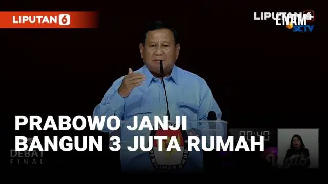 Prabowo Subianto mendapat giliran pertama untuk menyampaikan visi misi dan program kerja di acara debat Pilpres kelima. Ia menyampaikan sejumlah janji termasuk akan membangun 3 juta rumah.