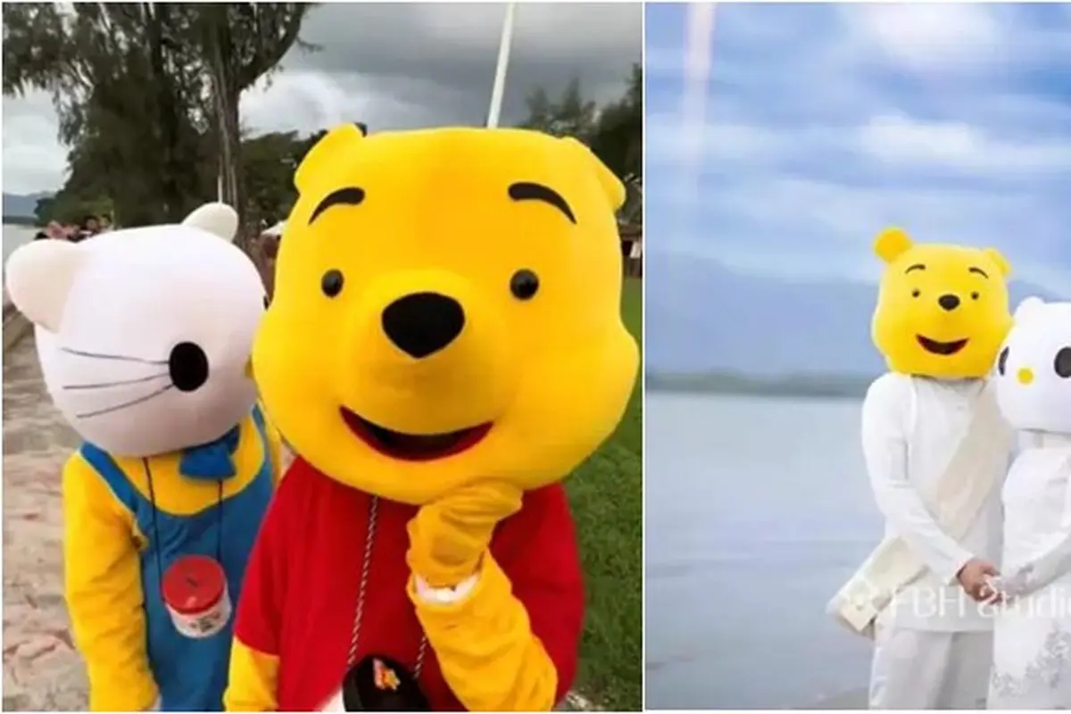 Viral Pasangan Ini Pakai Kepala Badut Jalanan untuk Foto Pernikahan
