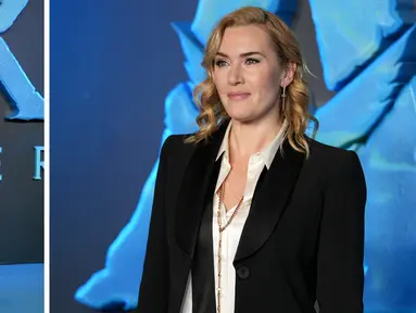 Foto kolase Kate Winslet saat pemotretan untuk film 'Avatar: The Way of Water' di London, Minggu, 4 Desember 2022. (Photo by Scott Garfitt/Invision/AP)