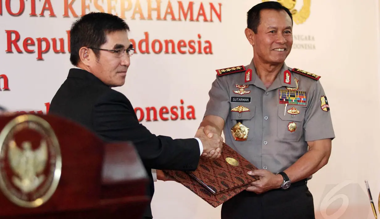 Polri dan Mahkamah Konstitusi mendatangani MoU di Gedung MK, Jakarta, Kamis (8/5/2014). (Liputan6.com/Faizal Fanani)