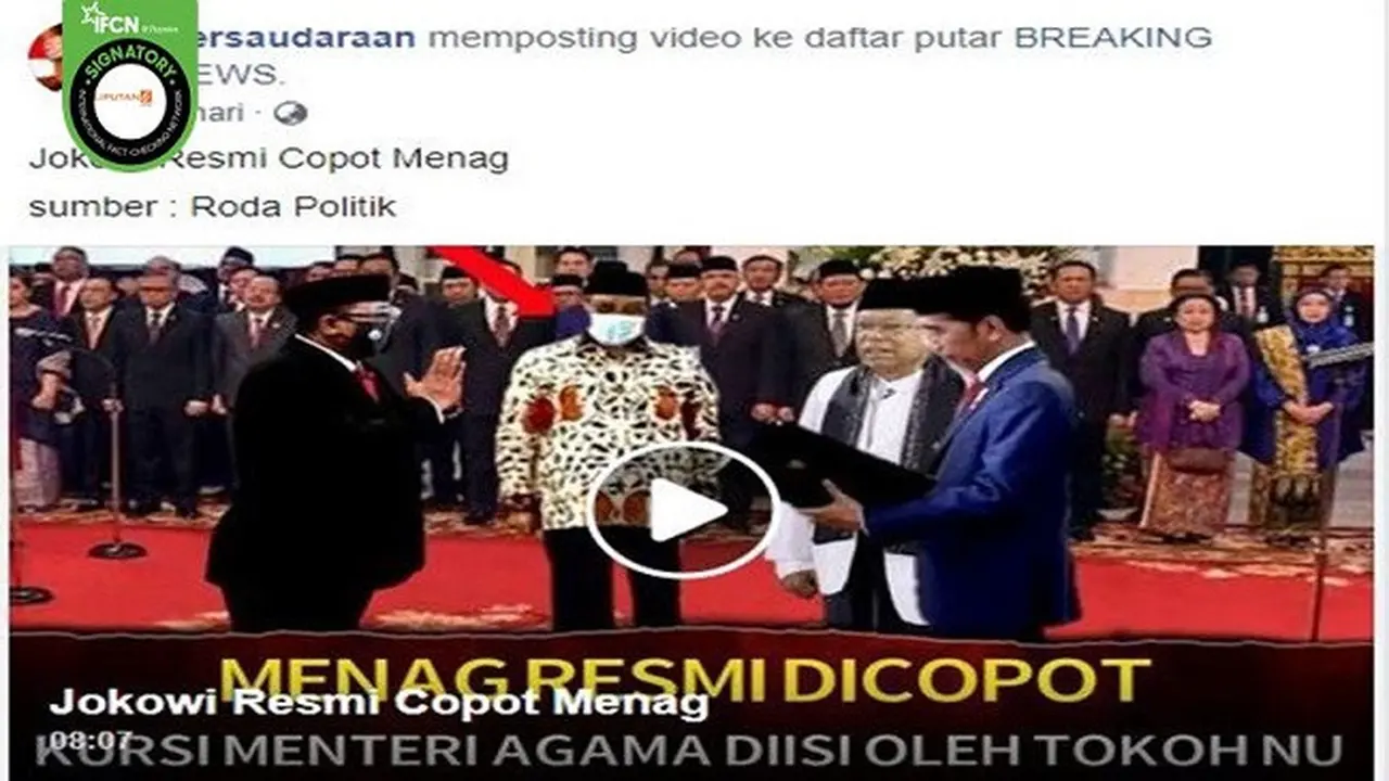 Gambar Tangkapan Layar Video Hoaks yang Diklaim Jokowi Copot Menteri Agama Yaqut Cholil Qoumas (sumber: Facebook).