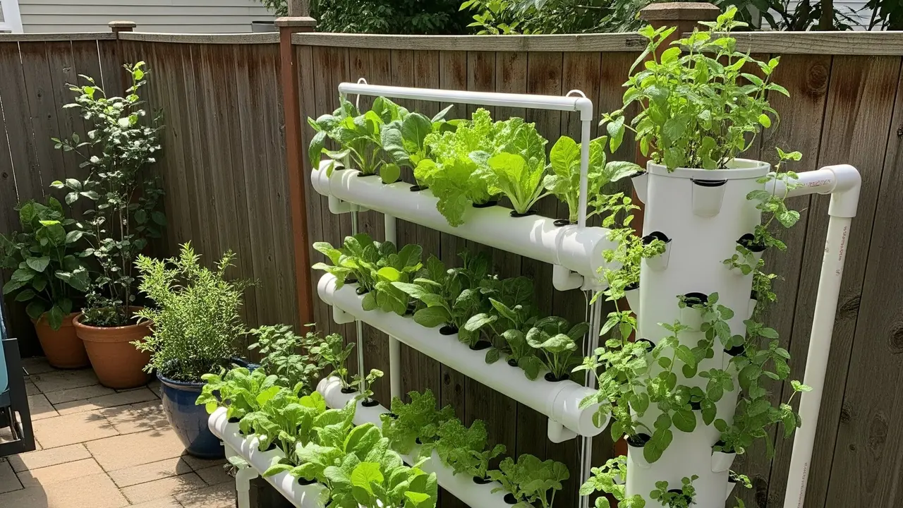 Model Halaman Belakang Rumah Kecil dengan Kebun Hidroponik Modern (Image by Gemini AI)