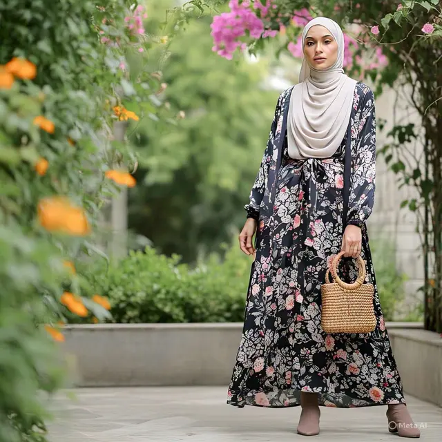 Dress Maxi Floral dengan Outer Kimono
