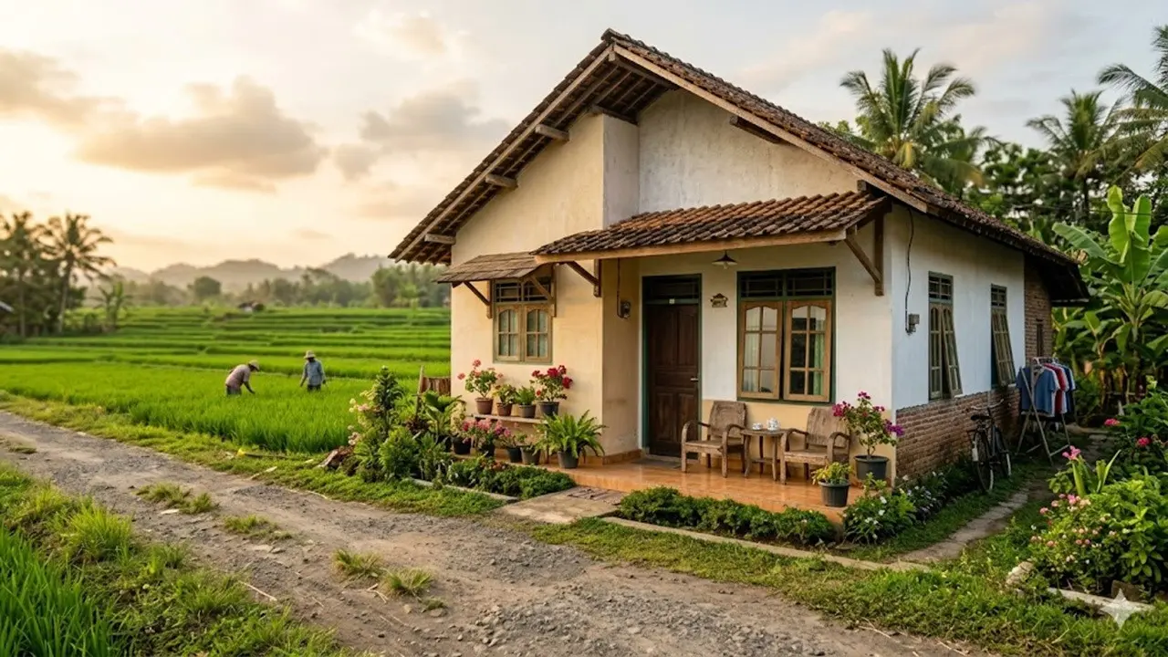 Contoh Rumah Sederhana di Desa Dekat Persawahan dan Jalan Desa