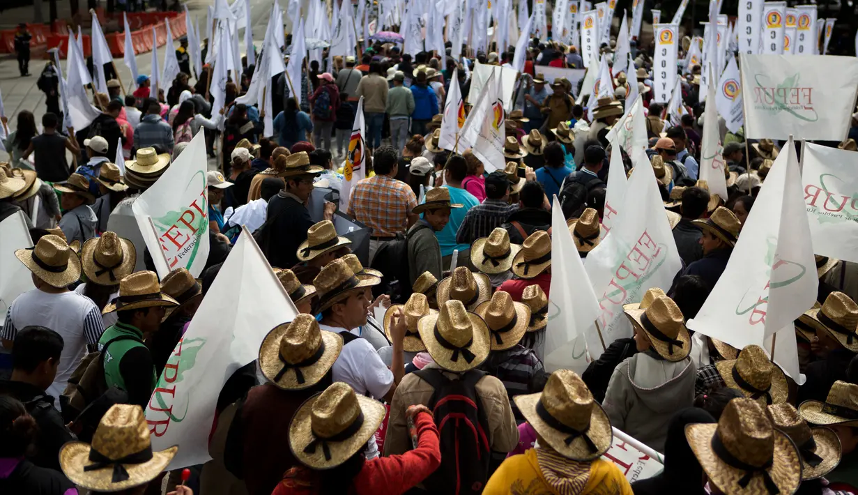 Ribuan petani Meksiko membawa bendera saat melakukan demontrasi terkait North American Free Trade Agreement (NAFTA) di Mexico City (26/7). Mereka menggelar demo mengenai masuknya biji-bijian impor dari AS. (AP Photo / Rebecca Blackwell)