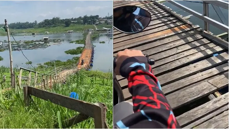 Momen Istri Panik Lewati Jembatan Kayu saat Dibonceng Motor, Bikin Spot Jantung