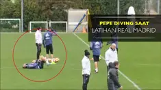 Bek Real Madrid, Pepe melakukan diving saat latihan bersama usai bertabrakan dengan James Rodriguez