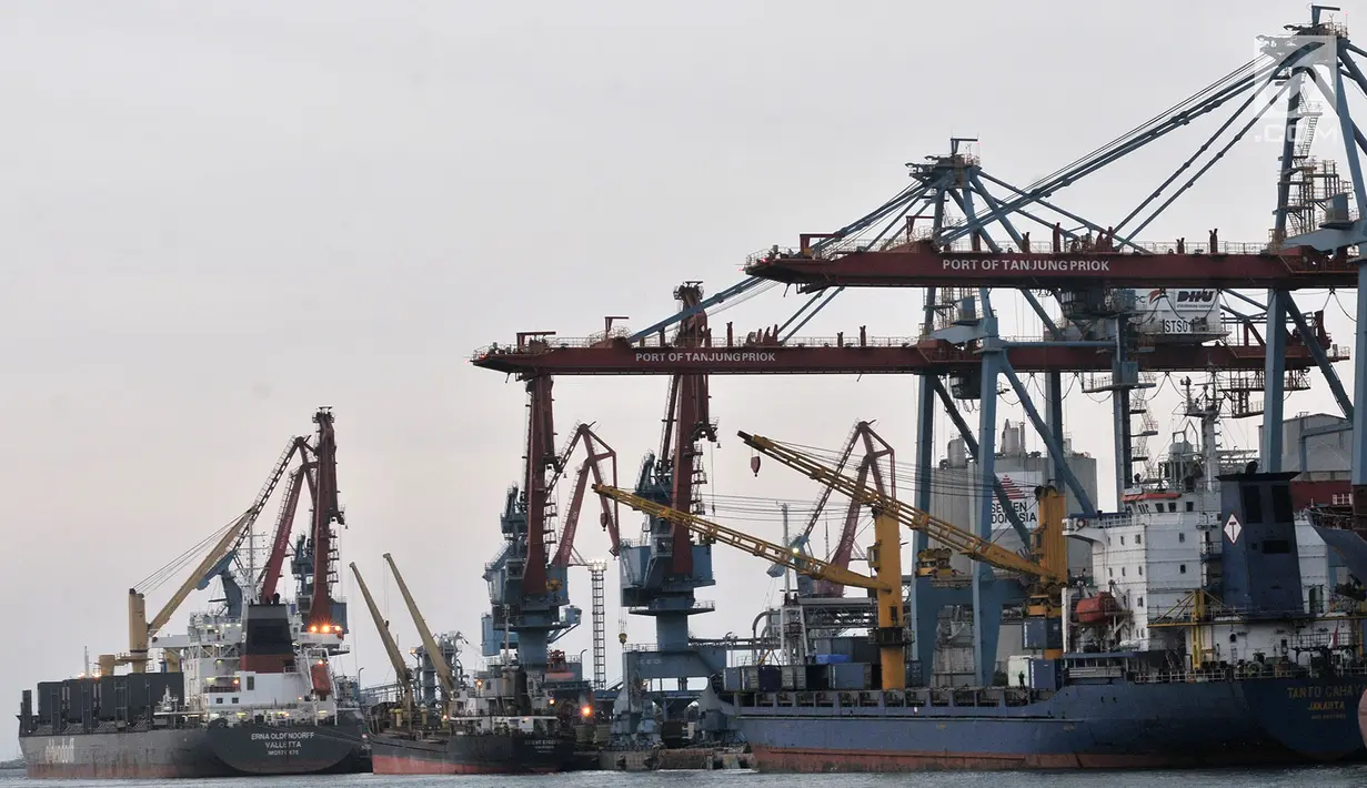 Aktivitas bongkar muat peti kemas di Pelabuhan Tanjung Priok, Jakarta, Rabu (14/8/2019). Badan Pusat Statistik (BPS) menyatakan neraca dagang Indonesia sepanjang Januari hingga Juli 2019 mengalami defisit sebesar USD 1,9 miliar atau setara Rp 27 triliun. (merdeka.com/Iqbal Nugroho)