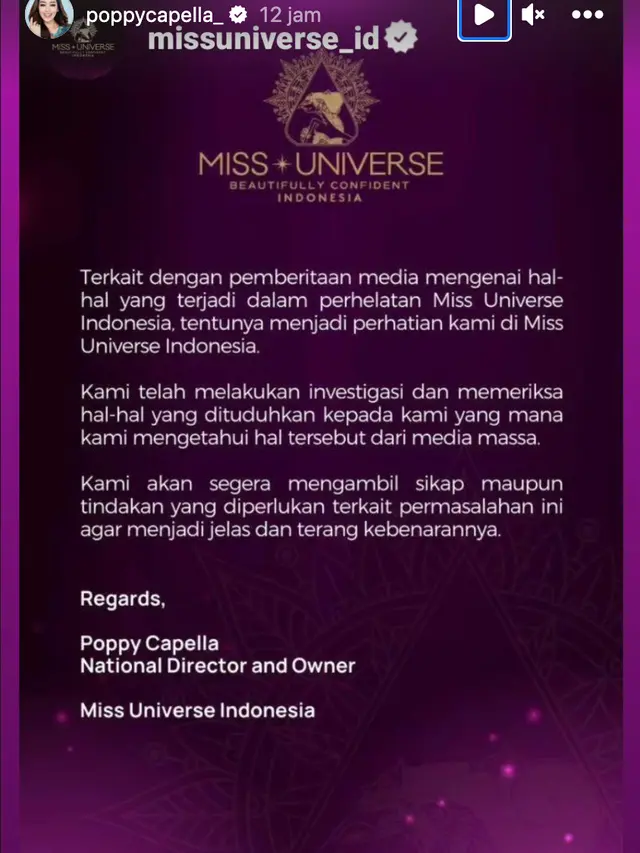 Klarifikasi pihak Miss Universe Indonesia terkait dugaan pelecehan seksual. (Foto: Dok. Instagram @poppycapella_)