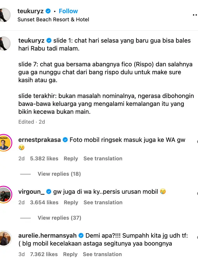 Unggahan Teuku Ryzki. (Foto: Dok. Instagram @teukuryz)