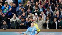 Selebrasi Erling Haaland dalam laga Manchester City vs Manchester United di Premier League 2025/2026, Minggu (14/9/2025). (AP Photo/Dave Thompson)