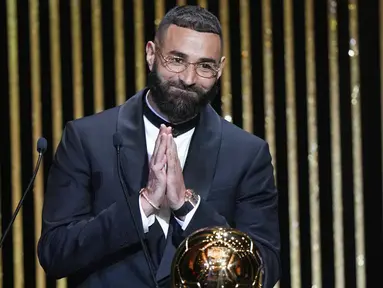 Bomber Real Madrid, Karim Benzema, sukses menyabet penghargaan Ballon d'Or 2022. (AP/Francois Mori)