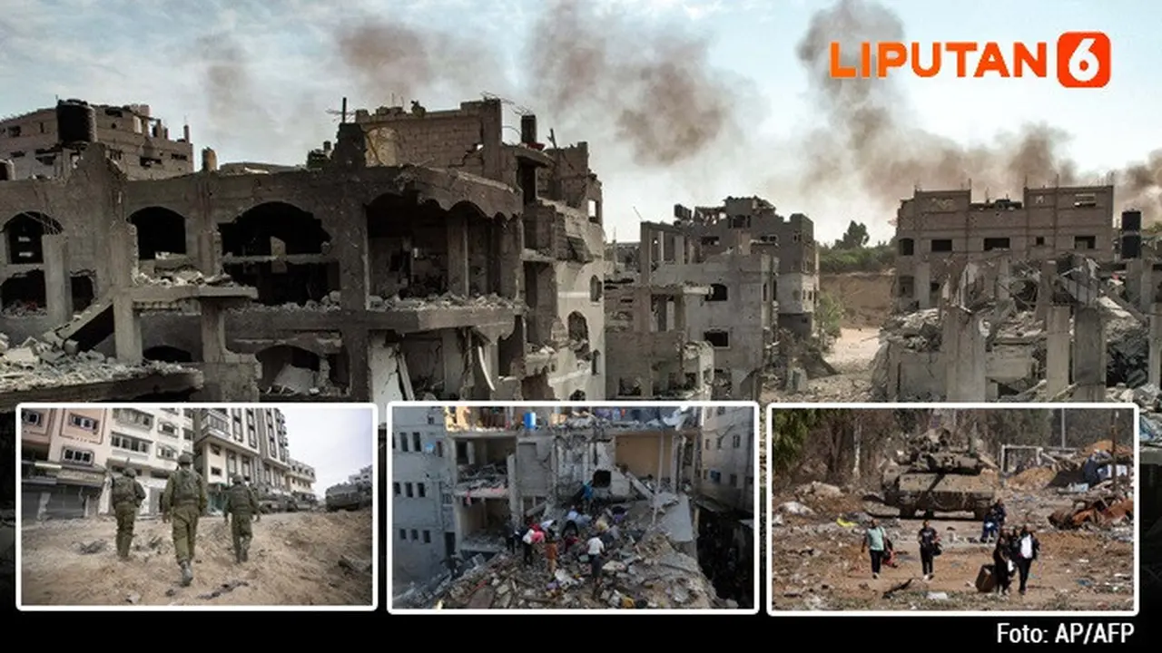 Banner Infografis Ambisi Israel Bangun Zona Demiliterisasi di Gaza dan Tudingan Genosida. (Foto: AFP, AP)