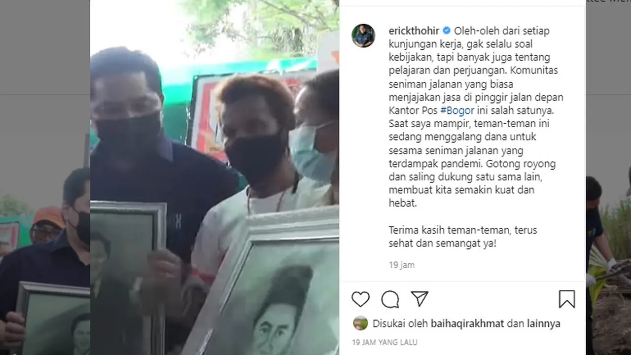 Menteri Badan Usaha Milik Negara (BUMN) Erick Thohir membeli lukisan potret dirinya dari komunitas seniman jalanan di Bogor. instagram @erickthohir