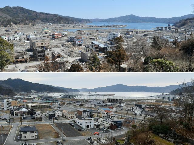 Foto kombinasi menunjukkan kerusakan (atas) yang disebabkan oleh tsunami 11 Maret 2011 dilihat dari bukit yang menghadap ke kota Otsuchi, prefektur Iwate pada tanggal 6 April 2011 dan area yang sama (bawah) hampir 10 tahun kemudian pada 28 Januari 2021. (AFP/Kazuhiro Nogi)