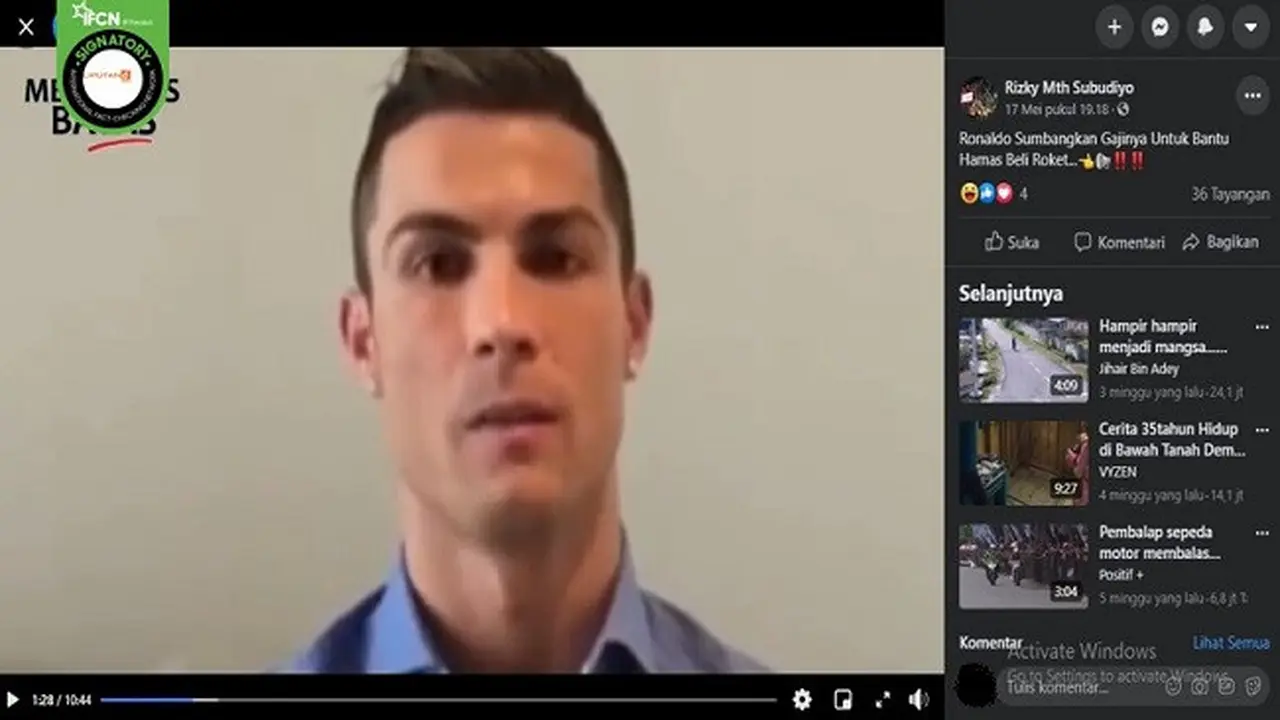 Gambar Tangkapan Layar Video yang Diklaim Cristiano Ronaldo Sumbangkan Gajinya untuk Bantu Hamas Beli Roket (sumber: Facebook)