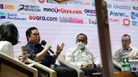 Menteri Badan Usaha Milik Negara (BUMN) Erick Thohir dalam seminar Asosiasi Media Siber Indonesia (AMSI) bertajuk "Menuju Masyarakat Cashless" di Auditorium Perpustakaan Nasional, Jakarta, Rabu (3/8/2022).