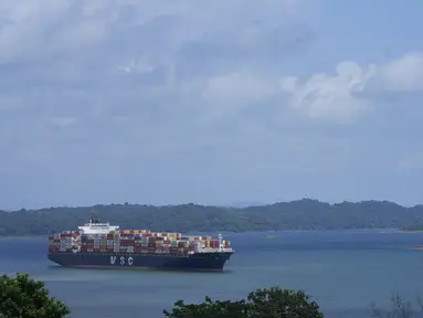 Sebuah kapal kargo menunggu di danau Gatun, untuk transit melalui kunci Agua Clara di Terusan Panama di Agua Clara, Panama, Kamis, 3 Agustus 2023. Otoritas Terusan Panama mengatakan pihaknya membatasi lalu lintas menjadi 32 transit kapal setiap hari melalui terusan setelah berbulan-bulan mengalami kekeringan dan memperkirakan akan ada penurunan pendapatan pada tahun 2024 karena krisis air yang sedang berlangsung. (AP Photo/Arnulfo Franco)