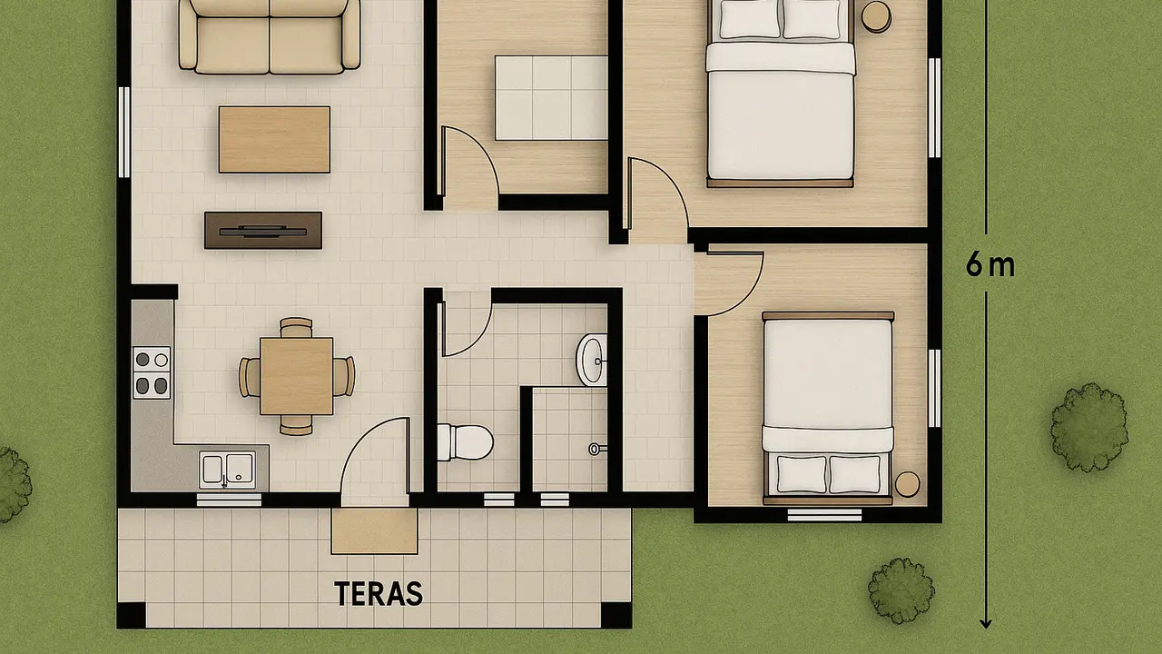 Model Denah Rumah Minimalis 9x6 Meter dengan Teras Depan yang Cocok di 2025/ Ilustrasi oleh AI
