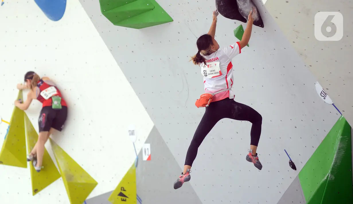Lintang merupakan satu-satunya atlet putri Indonesia yang lolos babak final kualifikasi Boulder dan Lead Asian Qualifier Jakarta 2023 yang merupakan ajang kualifikasi untuk bisa mengikuti Olimpiade Paris 2024. (merdeka.com/Arie Basuki)