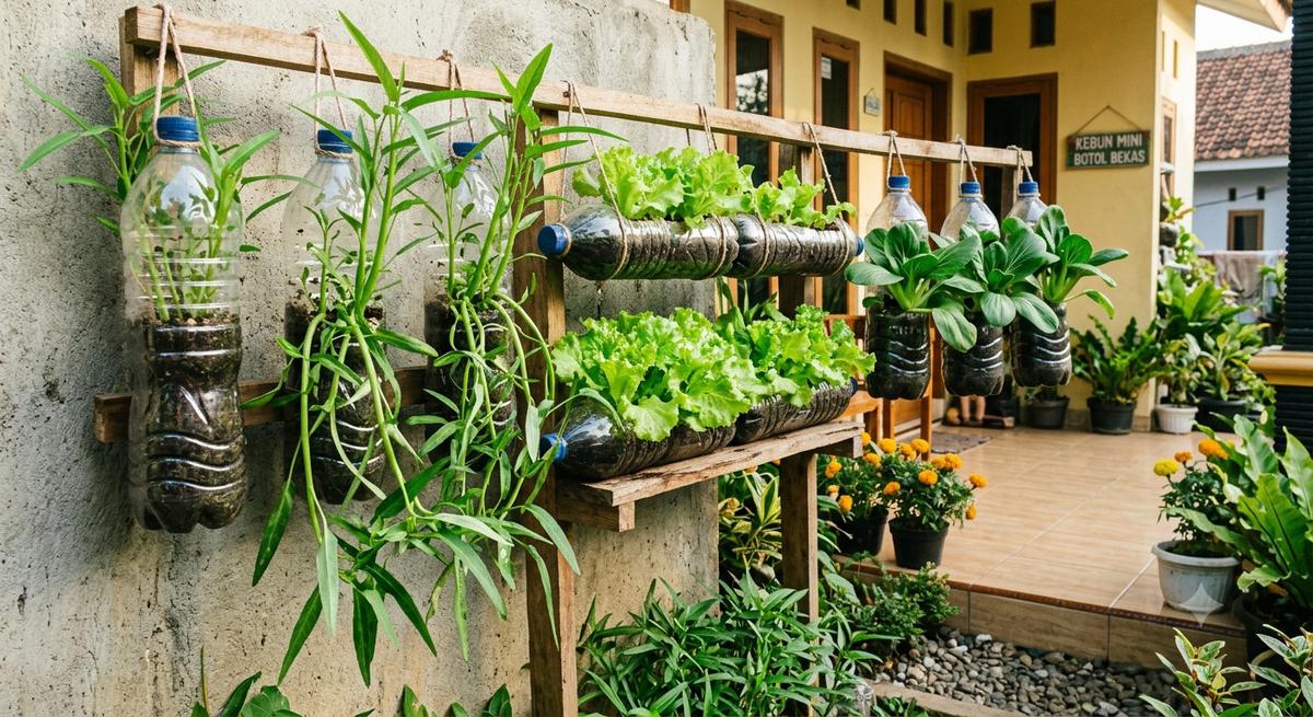 Inspirasi Berkebun Hemat Tanpa Membeli Pot Tanaman Model Botol Plastik Bekas untuk Menanam Kangkung, Selada dan Pakcoy