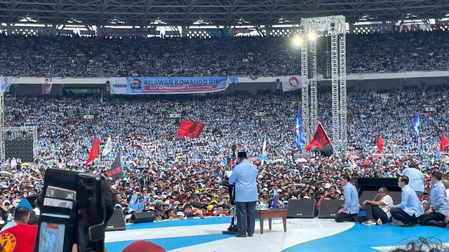 Calon presiden (capres) nomor urut 02 Prabowo Subianto pada kampanye akbar di GBK Jakarta, Sabtu (9/2/2024) (Liputan6.com/Ady Anugrahadi)