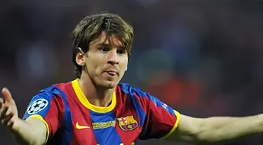 Reaksi penyerang Barcelona Lionel Messi usai mencetak gol ke gawang Manchester United dalam final Liga Champions di Wembley Stadium, 28 Mei 2011. AFP PHOTO/LLUIS GENE