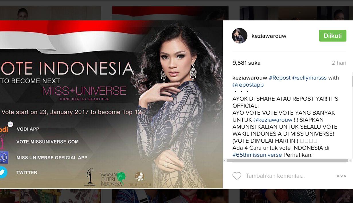 Yuk kita dukung Kezia Warouw Puteri Indonesia 2016 yang mewakili Indonesia di ajang Miss Universe 2016 di Manila, Filipina. (Instagram/@keziawarouw)