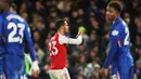 Pemain Arsenal, Mikel Merino melakukan selebrasi setelah mencetak gol ke gawang Chelsea dalam laga lanjutan Liga Inggris 2025/2026 di Stamford Bridge, London, Minggu (30/11/2025). (AP Photo/Ian Walton)