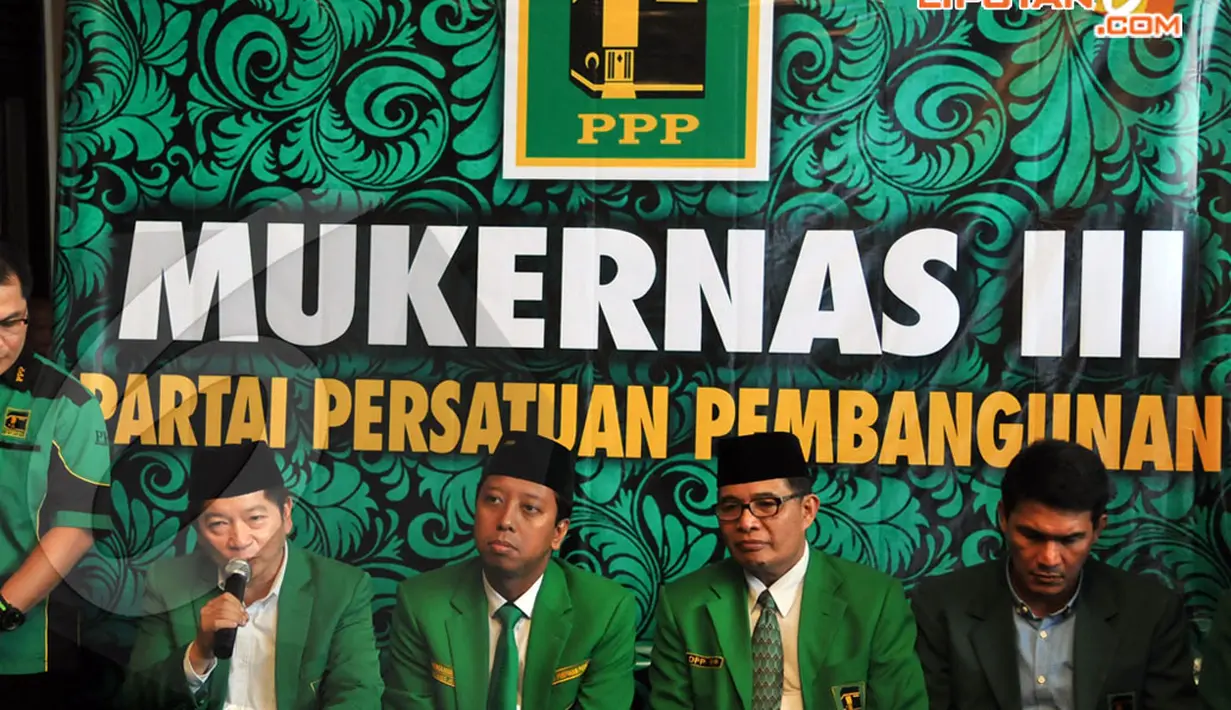 Wakil Ketua Partai Persatuan pembangunan (PPP) Suharso Manoarfa memberikan keterangan pers usai Musyawarah Kerja Nasional (Mukernas) III PPP di Cisarua, Bogor, Jabar, Rabu (23/4/2014) (Liputan6.com/Johan Tallo).