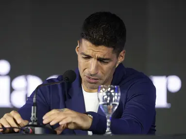 Striker Uruguay Luis Suarez resmi pensiun dari tim nasional pada Selasa, 3 September 2024. (AP Photo/Matilde Campodonico)